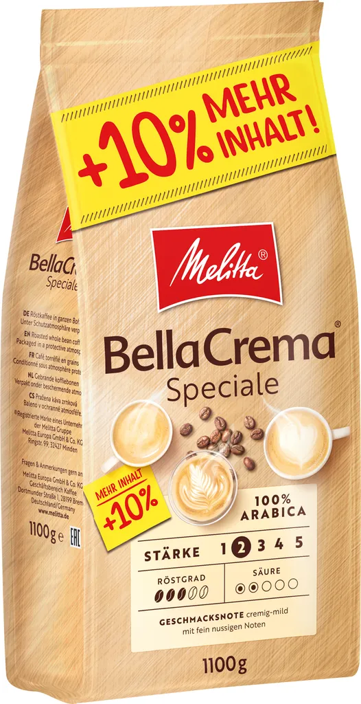 MELITTA Ganze Kaffeebohnen BellaCrema Speciale 1100g Milder Geschmack Stärke 2 3 MELITTA Ganze Kaffeebohnen BellaCrema Speciale 1100g Milder Geschmack Stärke 2